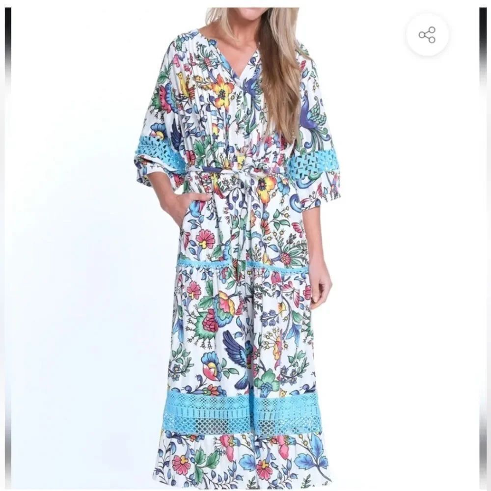John Mark Small Midi Dress Women's Eyelet Lace Floral Print Tiered Crochet Birds